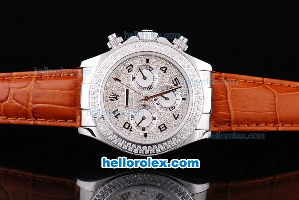 Rolex Daytona Oyster Perpetual Chronometer Automatic with Diamond Bezel,Full Diamond Dail and Black Number Marking-Leather Strap - Click Image to Close